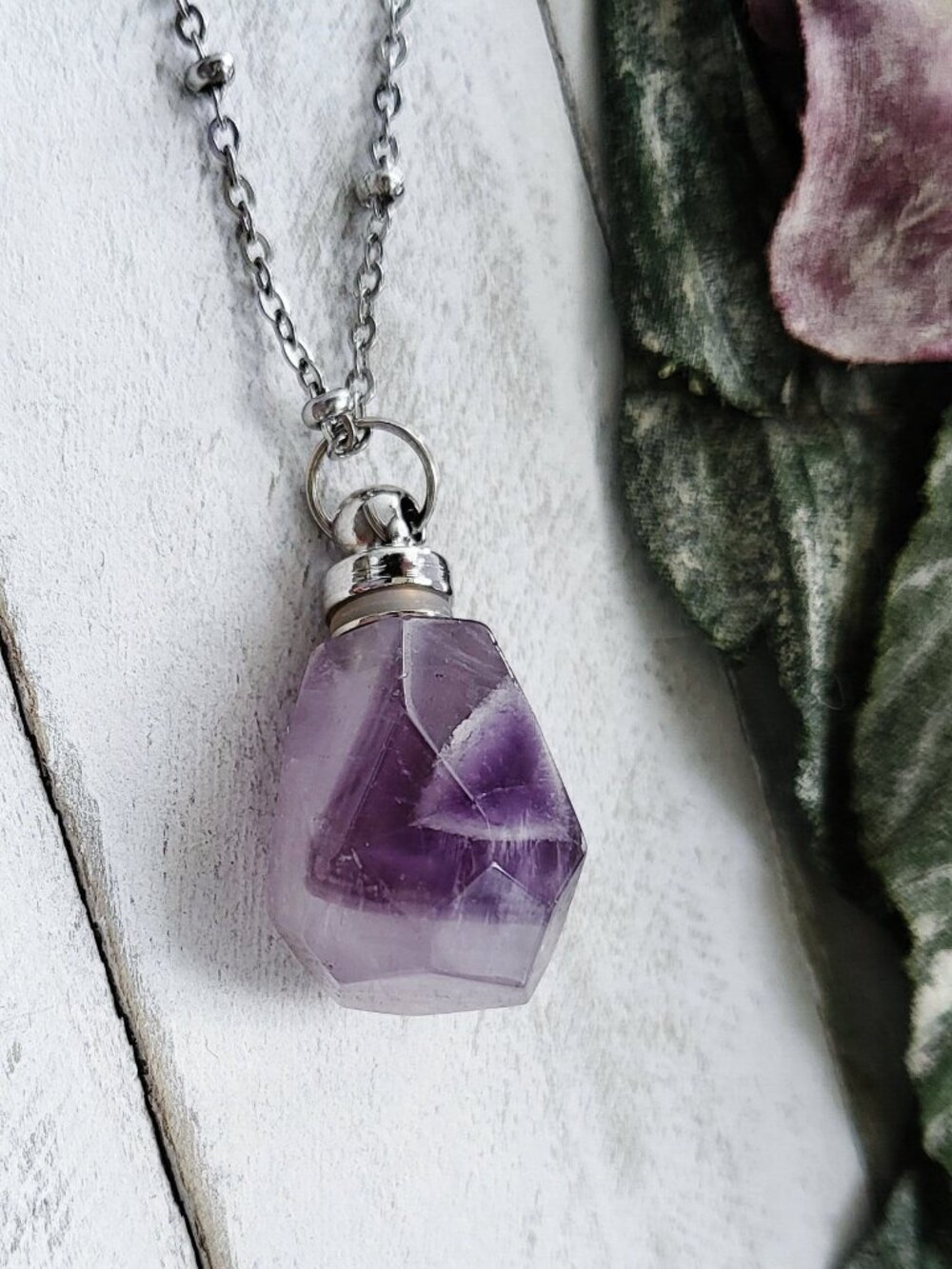 Genuine Amethyst Quartz Crystal Perfume Bottle Locket Pendant Necklace Stone